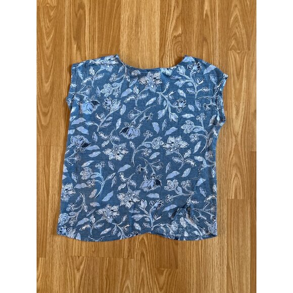 Joie Womens Top Med Blue Floral 100% Linen Cap Sleeve Asymmetric Hem Blouse - Picture 2 of 6